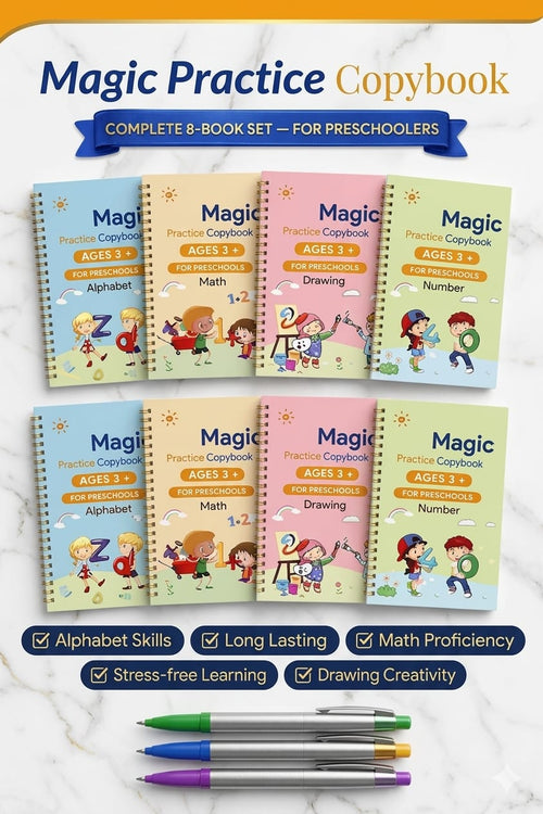 8 Magic Copy Books Set | Buy 1 Get 1 Free Offer | 2 Magic Pens + 20 Refills | Kids Handwriting Practice