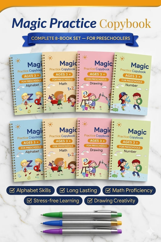 8 Magic Copy Books Set | Buy 1 Get 1 Free Offer | 2 Magic Pens + 20 Refills | Kids Handwriting Practice