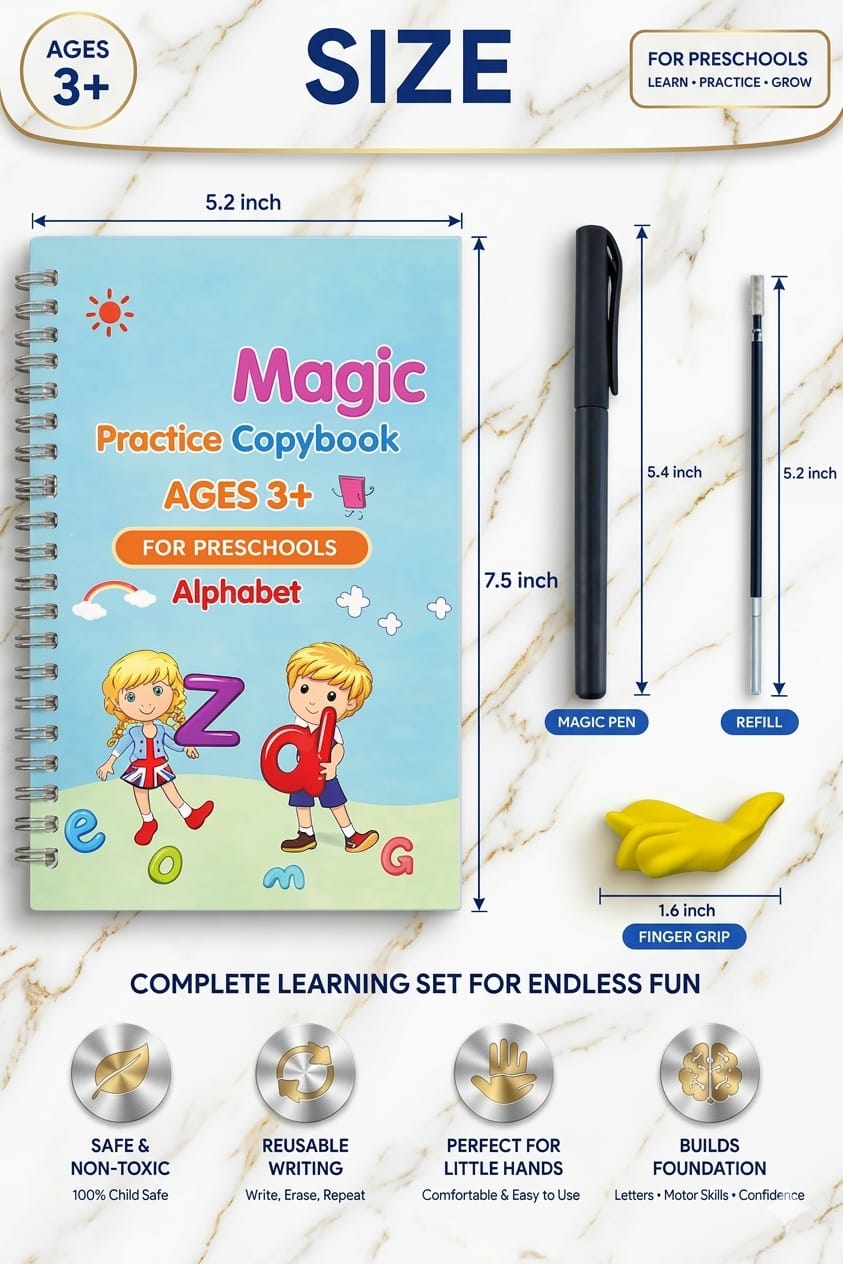8 Magic Copy Books Set | Buy 1 Get 1 Free Offer | 2 Magic Pens + 20 Refills | Kids Handwriting Practice