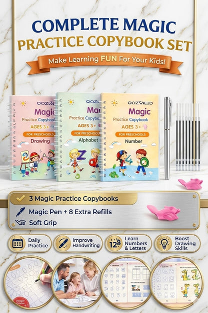 8 Magic Copy Books Set | Buy 1 Get 1 Free Offer | 2 Magic Pens + 20 Refills | Kids Handwriting Practice