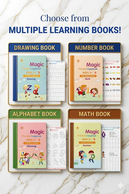 8 Magic Copy Books Set | Buy 1 Get 1 Free Offer | 2 Magic Pens + 20 Refills | Kids Handwriting Practice