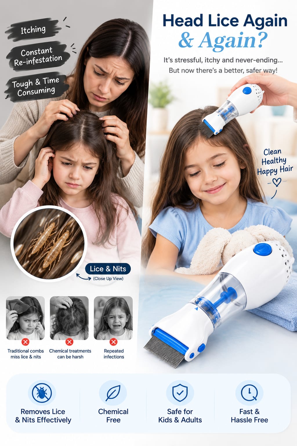 Electrical Chemical Free Head Lice Treatment Removal Comb (Pack of 1)