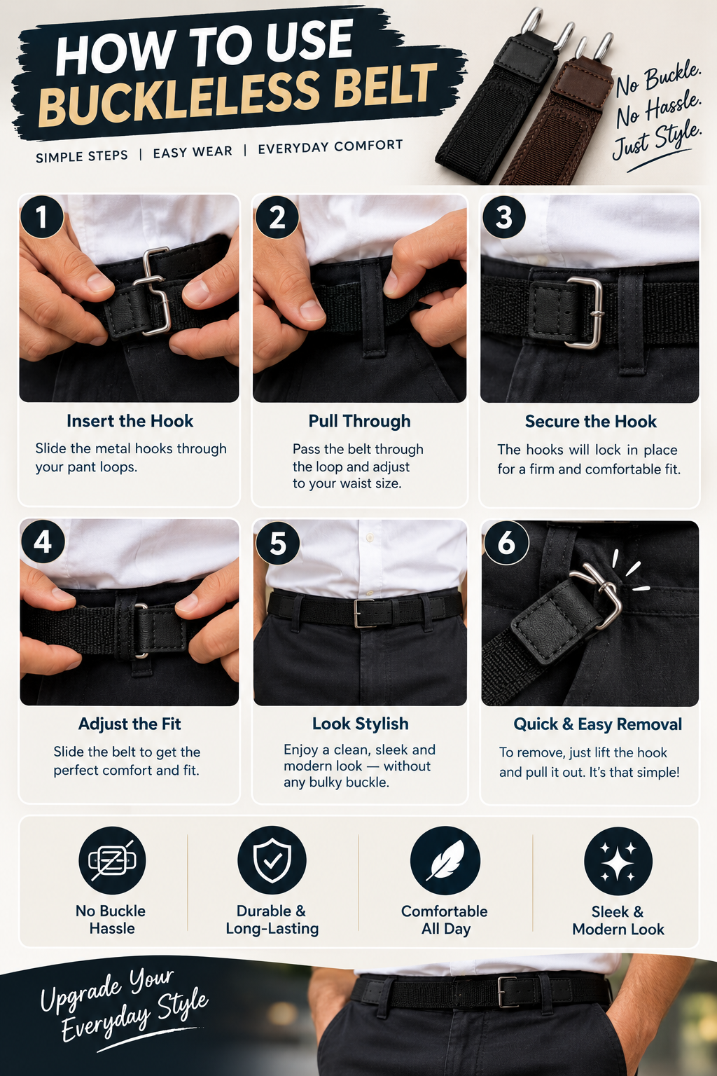 Portable Stylish Metal Hook Buckleless Belt buy 1 get 1 free